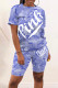 Purple Fashion Casual Letter Camouflage Print Basic O Neck Short Sleeve Two Pieces