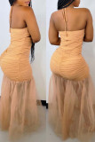 Apricot Sexy Solid Hollowed Out Patchwork Backless Halter Mesh Dress Dresses