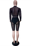 Black Fashion Sexy Solid Patchwork See-through Zipper Collar Long Sleeve Two Pieces