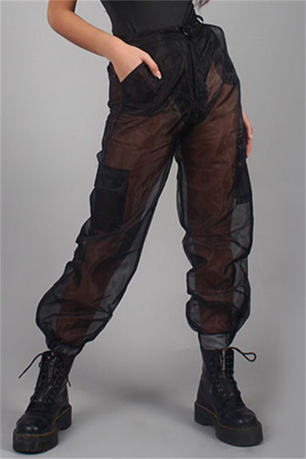 Black Sexy Casual Solid Patchwork See-through Regular High Waist Trousers
