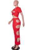 Red Sexy Print Hollowed Out Patchwork O Neck Short Sleeve Two Pieces