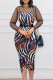 Stripe Fashion Casual Patchwork Print See-through With Belt O Neck Long Sleeve Dresses