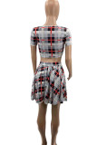 Tangerine Sexy Plaid Print Patchwork O Neck Short Sleeve Two Pieces