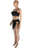 Black Fashion Sexy Solid Bandage Backless Spaghetti Strap Sleeveless Two Pieces