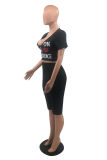 Black Fashion Casual Letter Lips Printed Ripped V Neck Short Sleeve Two Pieces