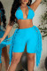 Blue Sexy Solid Tassel Patchwork Halter Sleeveless Two Pieces