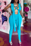 Blue Fashion Sexy Solid Hollowed Out Patchwork Backless V Neck Sleeveless Two Pieces