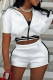 White Fashion Casual Solid Patchwork Zipper Collar Short Sleeve Two Pieces