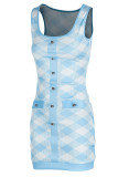 Pink Sexy Plaid Print Patchwork Buckle U Neck Pencil Skirt Dresses