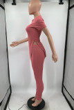 Pink Fashion Casual Solid Patchwork Slit O Neck Short Sleeve Two Pieces