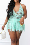 Red Sexy Solid Tassel Hollowed Out Patchwork Halter Sleeveless Two Pieces