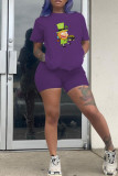 Purple Fashion Casual Print Basic O Neck Short Sleeve Two Pieces