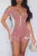 Pink Casual Sportswear Print Hollowed Out Patchwork Zipper Collar Regular Rompers