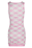 Pink Sexy Plaid Print Patchwork Buckle U Neck Pencil Skirt Dresses