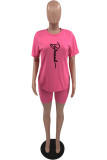 Pink Fashion Casual Print Basic O Neck Short Sleeve Two Pieces