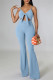 Baby Blue Fashion Sexy Solid Hollowed Out Backless Spaghetti Strap Skinny Jumpsuits