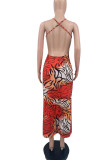 Red Yellow Sexy Print Patchwork Backless One Step Skirt Dresses