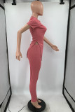 Pink Fashion Casual Solid Patchwork Slit O Neck Short Sleeve Two Pieces