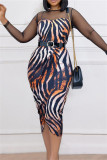 Blue Fashion Casual Patchwork Print See-through With Belt O Neck Long Sleeve Dresses