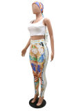 White Sexy Casual Print Vests Pants U Neck Sleeveless Three-piece Set (With Headscarf)