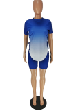 Blue Casual Gradual Change Patchwork O Neck Short Sleeve Two Pieces