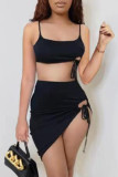 Black Fashion Sexy Solid Bandage Backless Spaghetti Strap Sleeveless Two Pieces