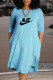 Sky Blue Fashion Casual Print Letter O Neck A Line Dresses