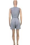 Grey Fashion Casual Solid Split Joint Fold V Neck Sleeveless Two Pieces