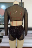 Black Fashion Sexy Solid Sequins See-through O Neck Short Sleeve Two Pieces