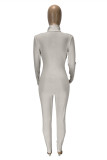 Beige Fashion Casual Letter Embroidery Basic Zipper Collar Skinny Jumpsuits