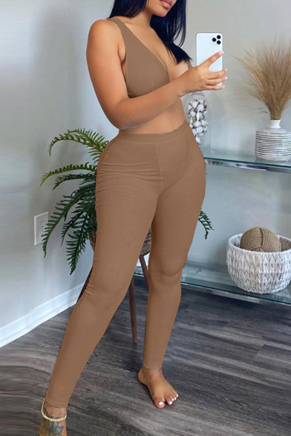 Khaki Fashion Casual Solid Vests Pants V Neck Sleeveless Two Pieces