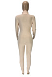 Beige Fashion Casual Letter Embroidery Basic Zipper Collar Skinny Jumpsuits