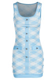 Pink Sexy Plaid Print Patchwork Buckle U Neck Pencil Skirt Dresses