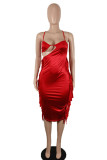 Red Sexy Solid Tassel Hollowed Out Patchwork Asymmetrical Halter One Step Skirt Dresses
