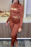 Coffee Fashion Sexy Solid Hollowed Out Patchwork Half A Turtleneck Long Sleeve Two Pieces