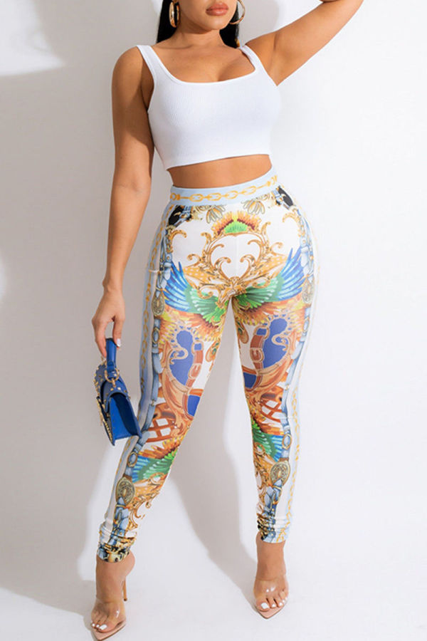 White Sexy Casual Print Vests Pants U Neck Sleeveless Three-piece Set (With Headscarf)