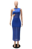 Blue Fashion Sexy Solid See-through Asymmetrical O Neck Sleeveless Three-piece Set