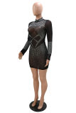 Black Fashion Sexy Patchwork Hot Drilling See-through Half A Turtleneck Long Sleeve Dresses