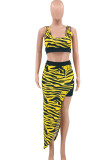 White Sexy Print Zebra Print Patchwork Asymmetrical Square Collar Sleeveless Two Pieces