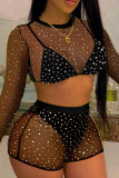 Black Fashion Sexy Solid Sequins See-through O Neck Short Sleeve Two Pieces