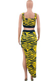 White Sexy Print Zebra Print Patchwork Asymmetrical Square Collar Sleeveless Two Pieces