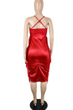 Red Sexy Solid Tassel Hollowed Out Patchwork Asymmetrical Halter One Step Skirt Dresses