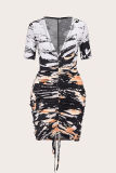 Black Yellow Fashion Casual Print Bandage Draw String Fold V Neck Short Sleeve Dress Dresses