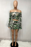 Green Fashion Sexy Print See-through Backless Off the Shoulder Long Sleeve Two Pieces