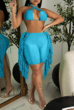 Blue Sexy Solid Tassel Patchwork Halter Sleeveless Two Pieces