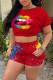 Red Fashion Casual Lips Printed Basic O Neck Short Sleeve Two Pieces