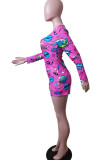 Pink Sexy Print Long Sleeve Half-Open collar Jumpsuits