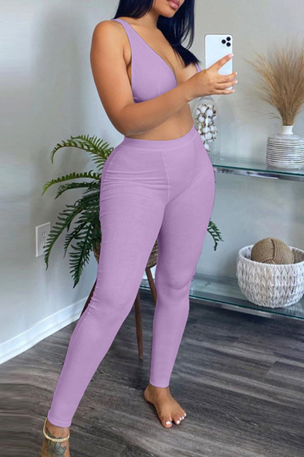 Purple Fashion Casual Solid Vests Pants V Neck Sleeveless Two Pieces