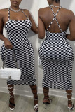 Black White Fashion Sexy Print Backless Spaghetti Strap One Step Dresses