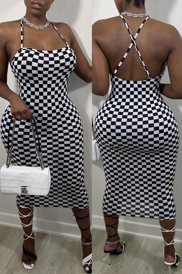 Black White Fashion Sexy Print Backless Spaghetti Strap One Step Dresses